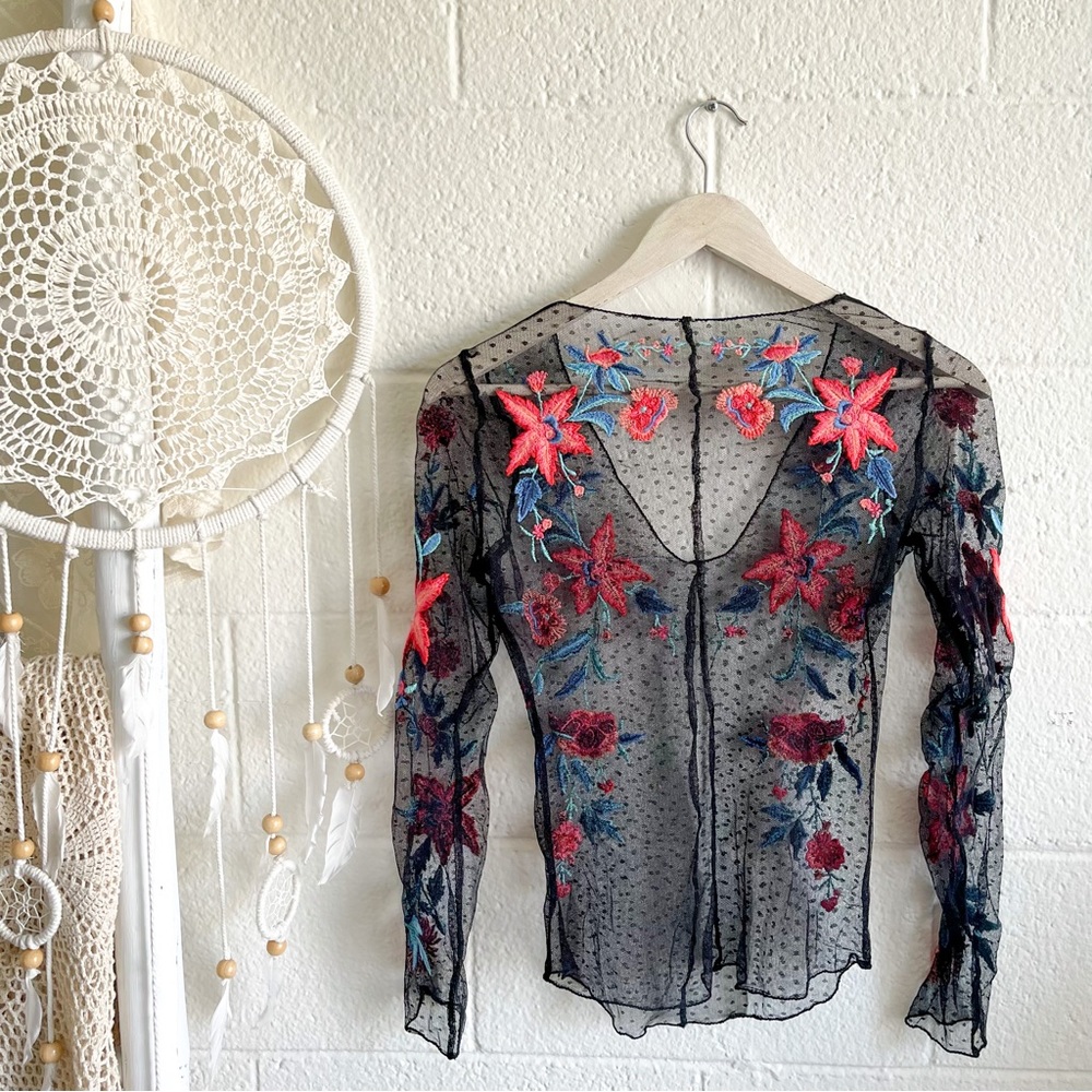 Free People Floral Embroidered Black Sheer Lace Top - Picture 3 of 8